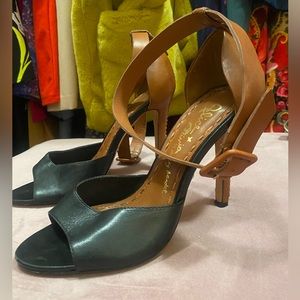 Alice and Olivia black and camel color open toe heels.